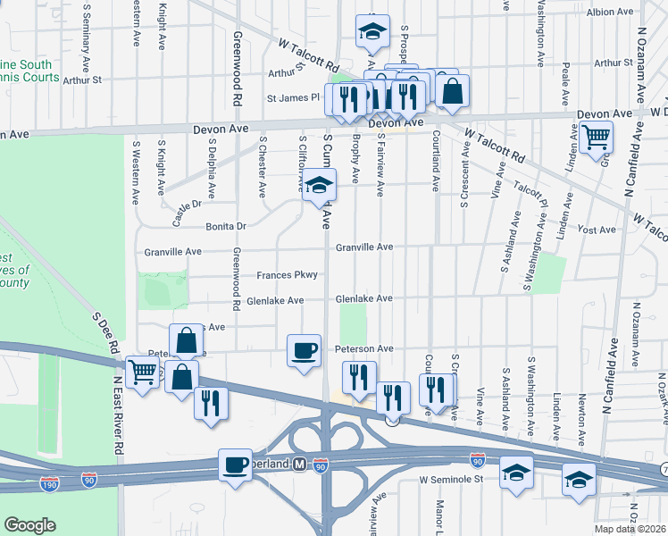 map of restaurants, bars, coffee shops, grocery stores, and more near 1524 Brophy Avenue in Park Ridge