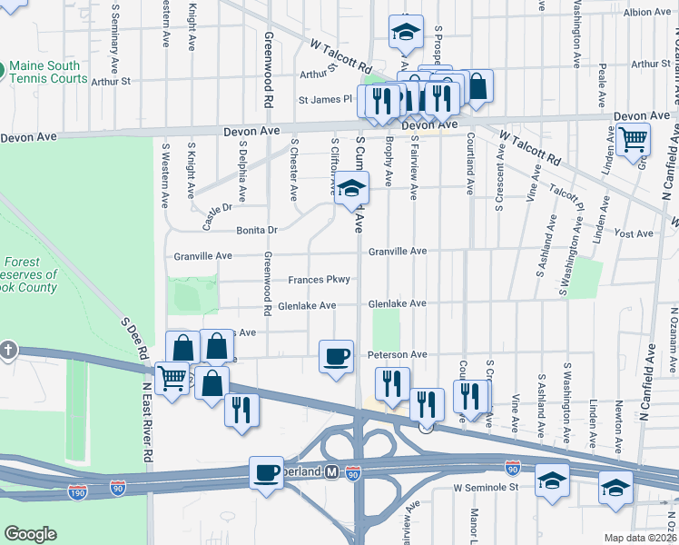 map of restaurants, bars, coffee shops, grocery stores, and more near 1526 South Cumberland Avenue in Park Ridge