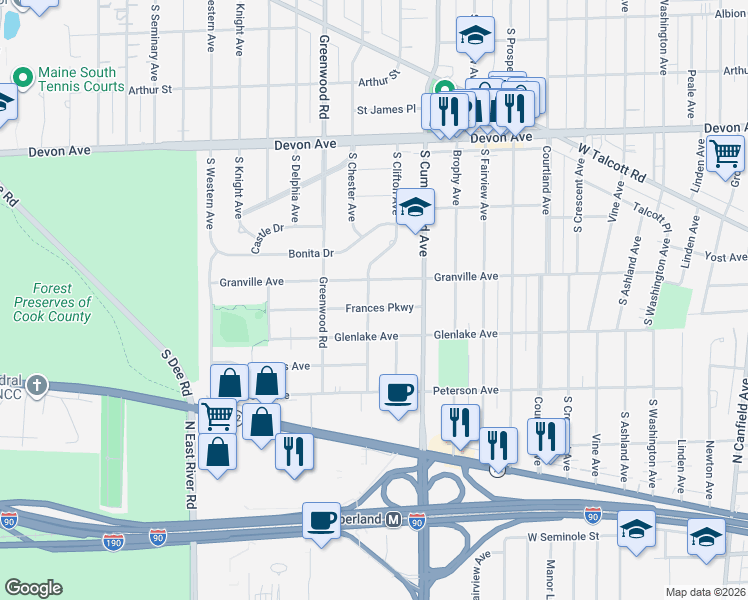 map of restaurants, bars, coffee shops, grocery stores, and more near 1011 Frances Parkway in Park Ridge