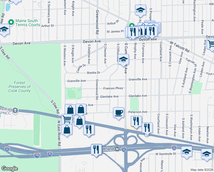 map of restaurants, bars, coffee shops, grocery stores, and more near 1101 Frances Parkway in Park Ridge