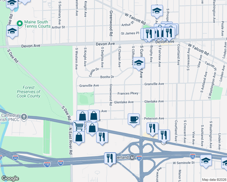 map of restaurants, bars, coffee shops, grocery stores, and more near 1101 Frances Parkway in Park Ridge