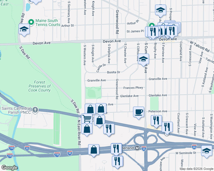 map of restaurants, bars, coffee shops, grocery stores, and more near 1311 South Lincoln Avenue in Park Ridge