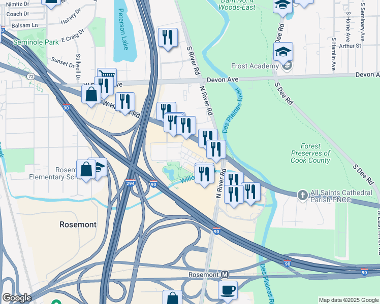 map of restaurants, bars, coffee shops, grocery stores, and more near 9456 Maple Drive in Rosemont