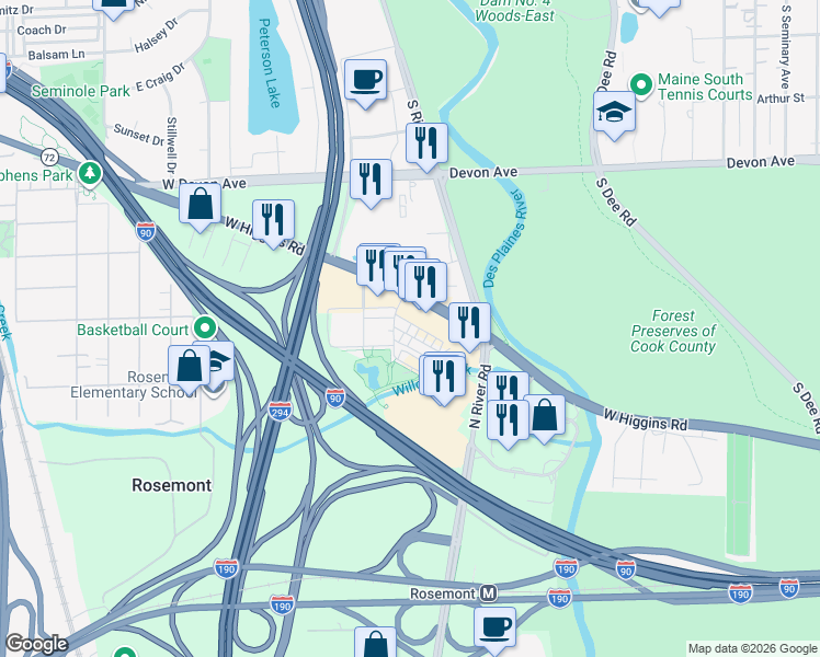 map of restaurants, bars, coffee shops, grocery stores, and more near 9456 Maple Drive in Rosemont