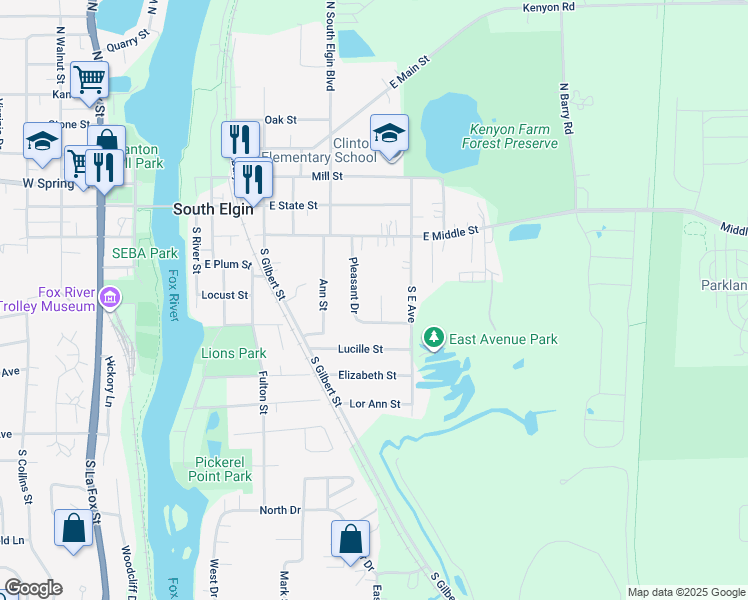 map of restaurants, bars, coffee shops, grocery stores, and more near 722 Pleasant Drive in South Elgin