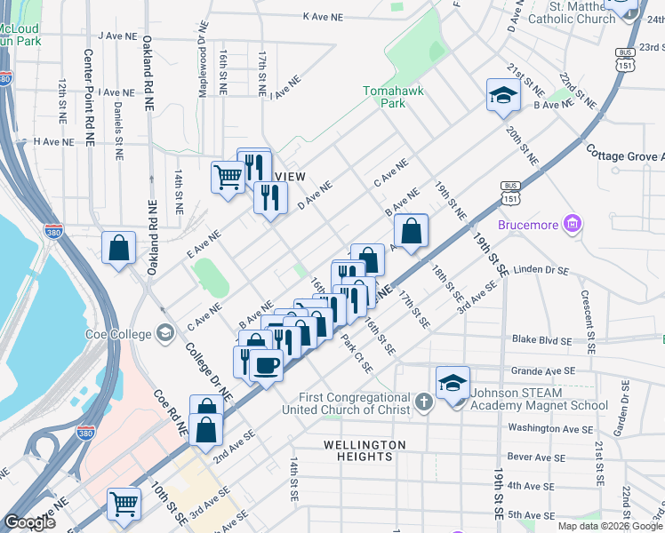 map of restaurants, bars, coffee shops, grocery stores, and more near 1605 B Avenue Northeast in Cedar Rapids