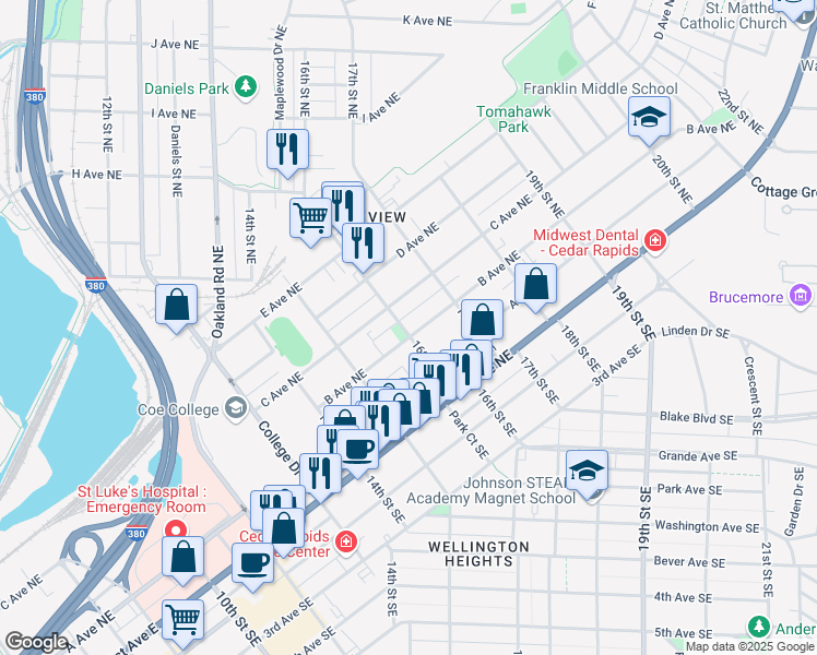 map of restaurants, bars, coffee shops, grocery stores, and more near 1605 B Avenue Northeast in Cedar Rapids