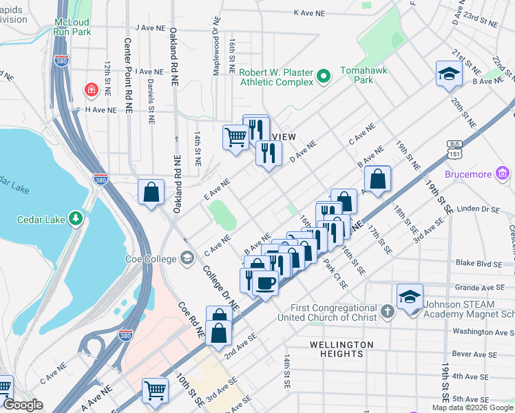 map of restaurants, bars, coffee shops, grocery stores, and more near 1514 C Avenue Northeast in Cedar Rapids