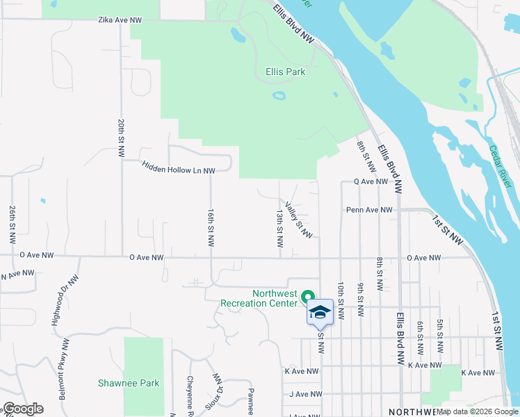 map of restaurants, bars, coffee shops, grocery stores, and more near 1668 13th Street Northwest in Cedar Rapids