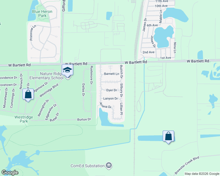 map of restaurants, bars, coffee shops, grocery stores, and more near 1776 Dyer Drive in Bartlett