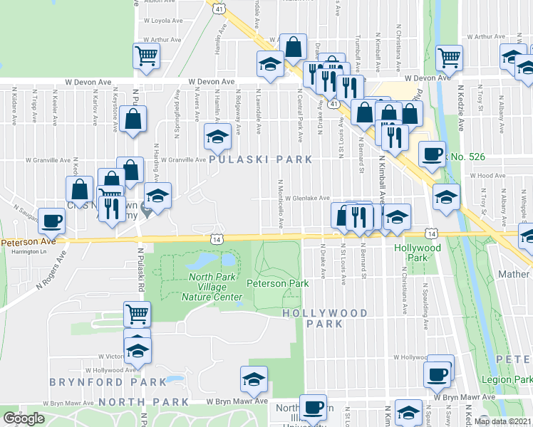 map of restaurants, bars, coffee shops, grocery stores, and more near 6037 North Lawndale Avenue in Chicago