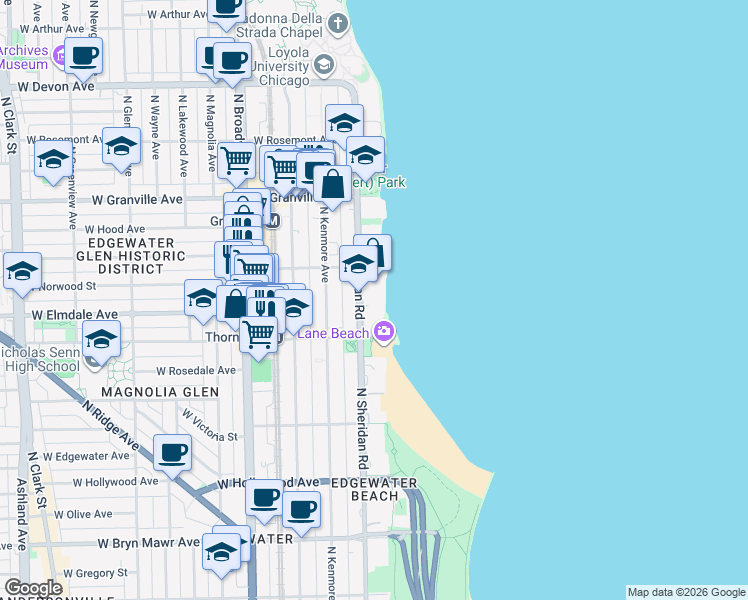 map of restaurants, bars, coffee shops, grocery stores, and more near 5956 North Sheridan Road in Chicago
