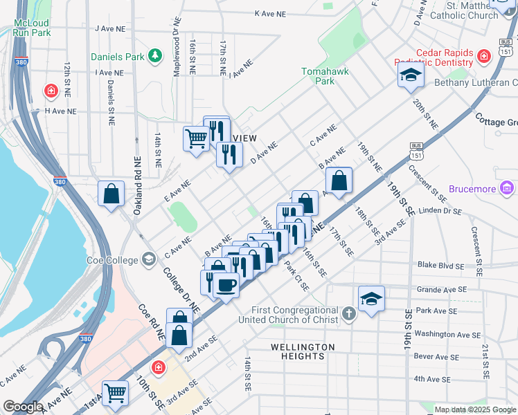 map of restaurants, bars, coffee shops, grocery stores, and more near 1605 B Avenue Northeast in Cedar Rapids