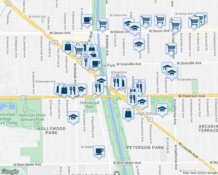 map of restaurants, bars, coffee shops, grocery stores, and more near 6028 N Lincoln Ave in Chicago