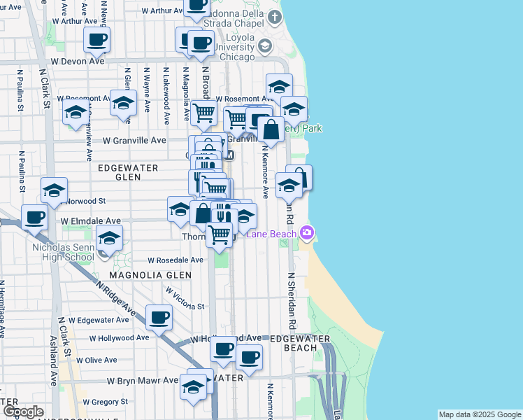 map of restaurants, bars, coffee shops, grocery stores, and more near 6012 North Kenmore Avenue in Chicago