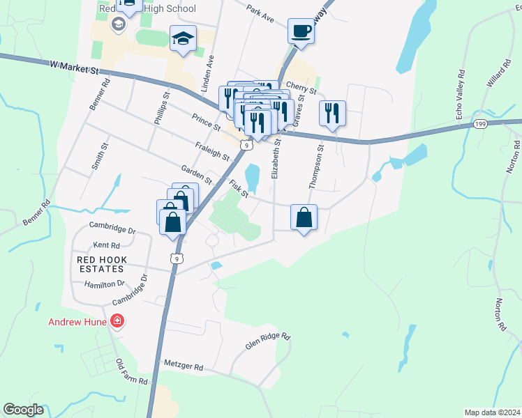 map of restaurants, bars, coffee shops, grocery stores, and more near 20 Fisk Street in Red Hook