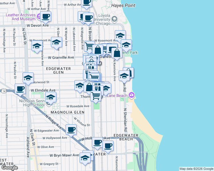map of restaurants, bars, coffee shops, grocery stores, and more near 6002 North Winthrop Avenue in Chicago