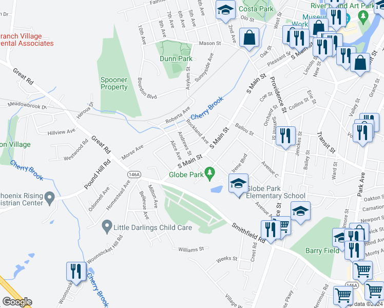 map of restaurants, bars, coffee shops, grocery stores, and more near 21 Andrews Street in Woonsocket