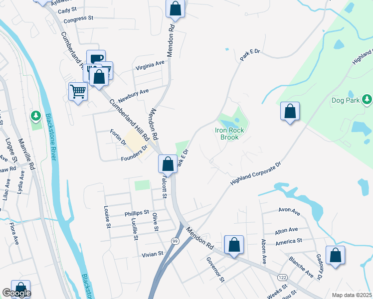 map of restaurants, bars, coffee shops, grocery stores, and more near 124 Park East Drive in Woonsocket
