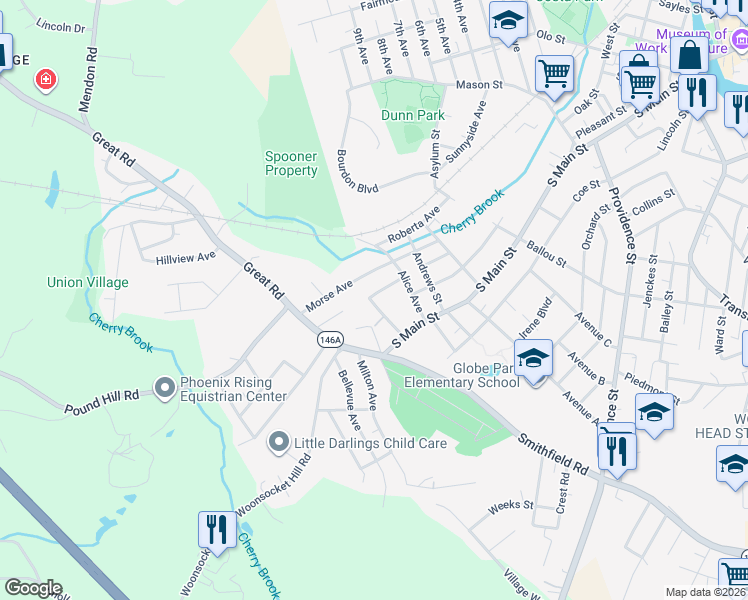 map of restaurants, bars, coffee shops, grocery stores, and more near 78 Pelletier Avenue in Woonsocket