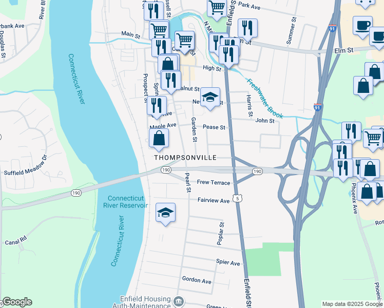 map of restaurants, bars, coffee shops, grocery stores, and more near 8 Franklin Street in Enfield