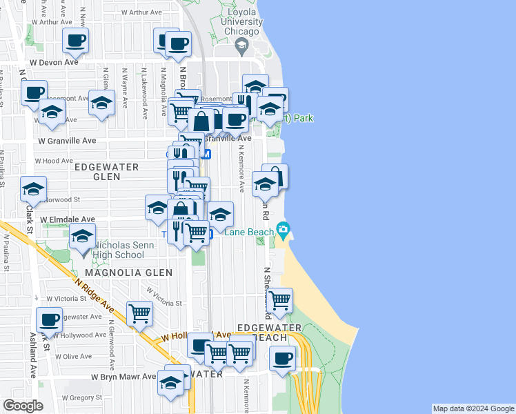 map of restaurants, bars, coffee shops, grocery stores, and more near 5956 North Sheridan Road in Chicago