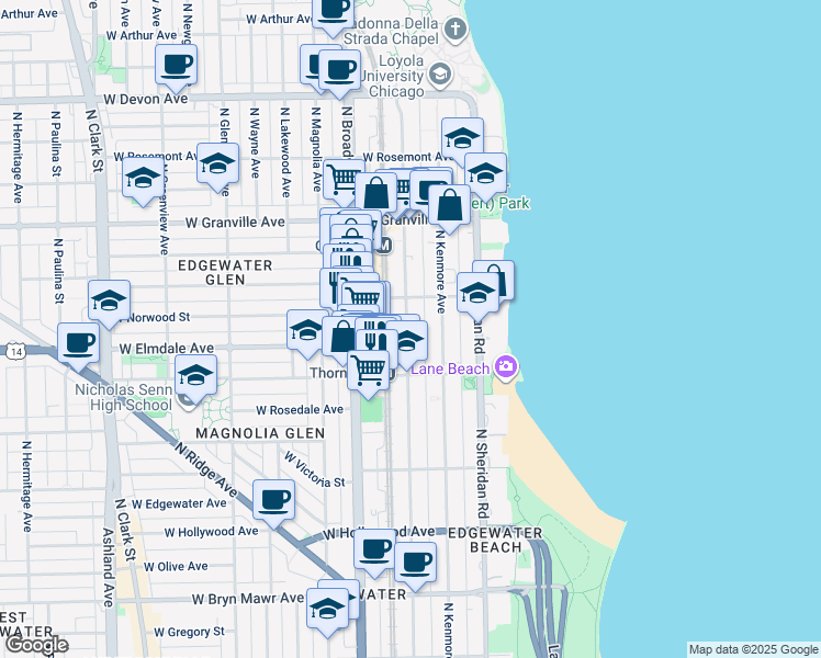 map of restaurants, bars, coffee shops, grocery stores, and more near 6002 North Winthrop Avenue in Chicago