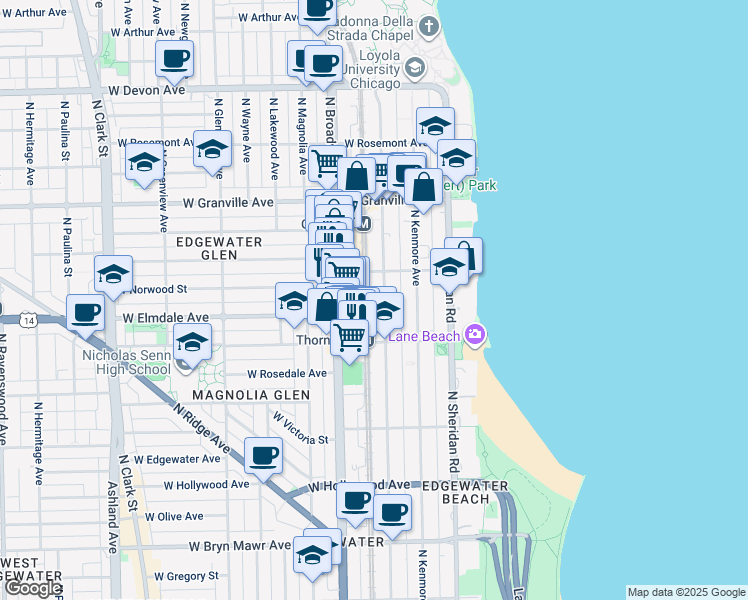 map of restaurants, bars, coffee shops, grocery stores, and more near 6002 North Winthrop Avenue in Chicago