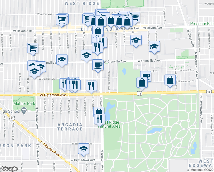 map of restaurants, bars, coffee shops, grocery stores, and more near 6018 North Claremont Avenue in Chicago