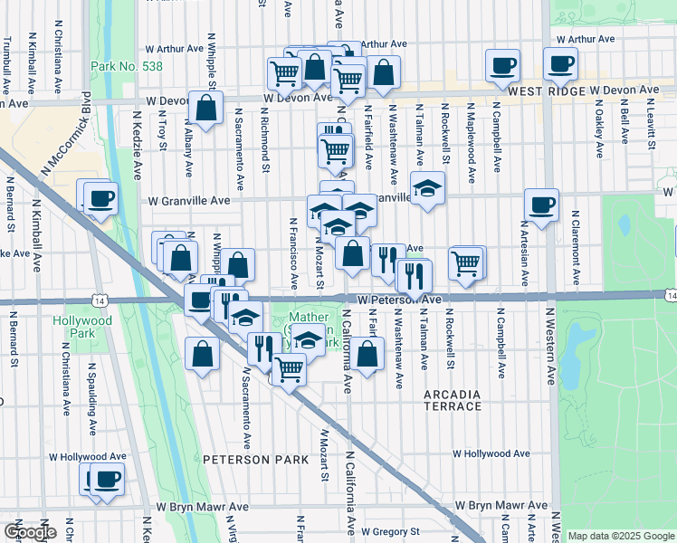 map of restaurants, bars, coffee shops, grocery stores, and more near 6015 North Mozart Street in Chicago