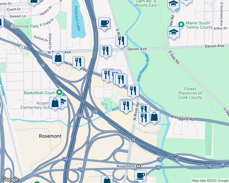 map of restaurants, bars, coffee shops, grocery stores, and more near 9456 Maple Drive in Rosemont