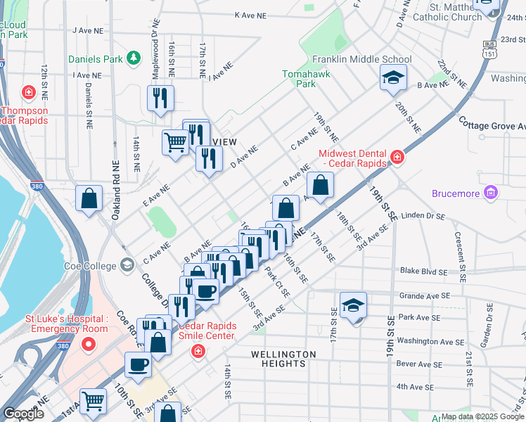 map of restaurants, bars, coffee shops, grocery stores, and more near 1640 A Avenue Northeast in Cedar Rapids