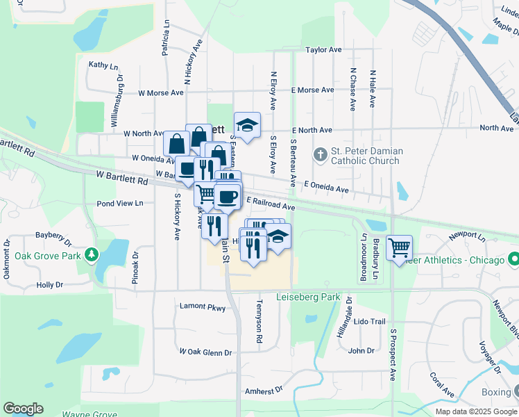 map of restaurants, bars, coffee shops, grocery stores, and more near 275 East Railroad Avenue in Bartlett