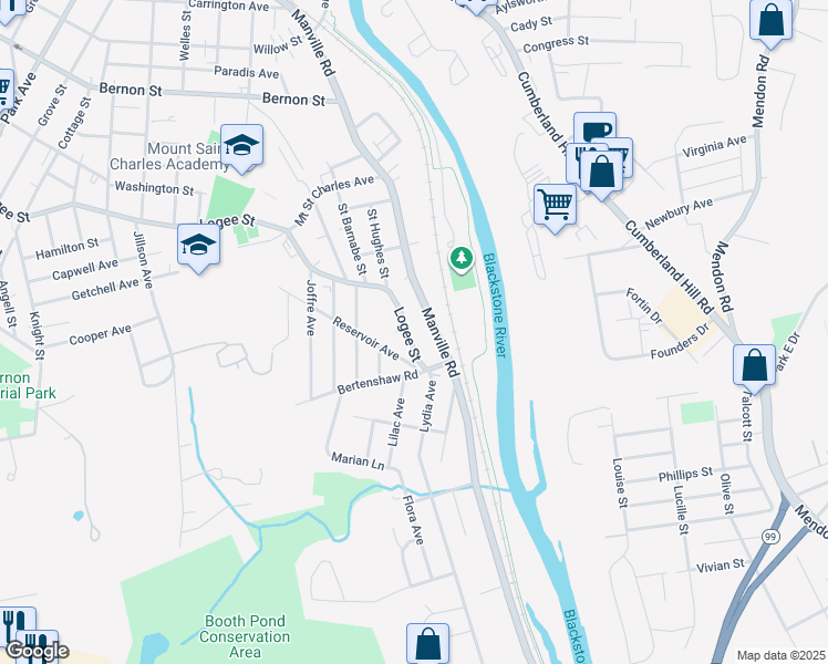 map of restaurants, bars, coffee shops, grocery stores, and more near 57 Reservoir Avenue in Woonsocket
