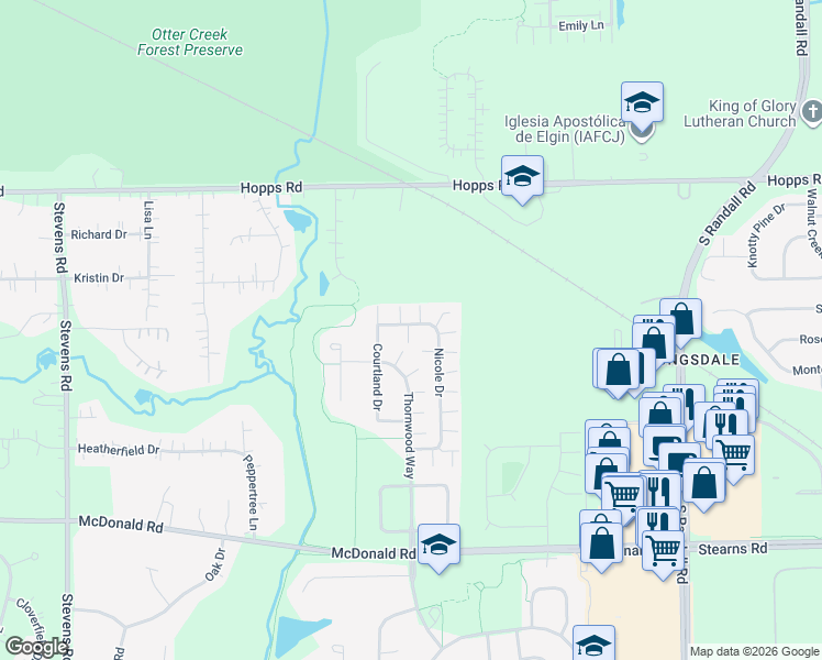 map of restaurants, bars, coffee shops, grocery stores, and more near 218 Nicole Drive in South Elgin