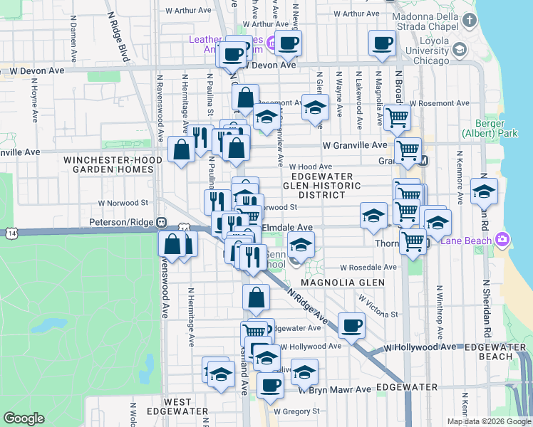 map of restaurants, bars, coffee shops, grocery stores, and more near 1534 West Elmdale Avenue in Chicago