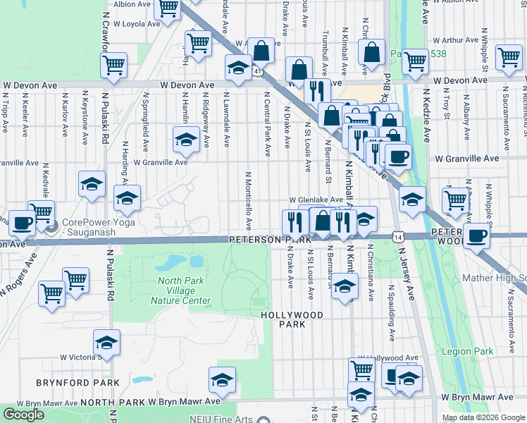map of restaurants, bars, coffee shops, grocery stores, and more near 6027 North Central Park Avenue in Chicago