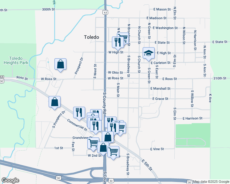 map of restaurants, bars, coffee shops, grocery stores, and more near 500-598 South Main Street in Toledo