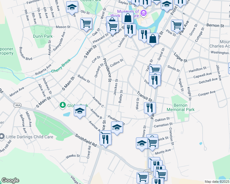 map of restaurants, bars, coffee shops, grocery stores, and more near 171 Jenckes Street in Woonsocket