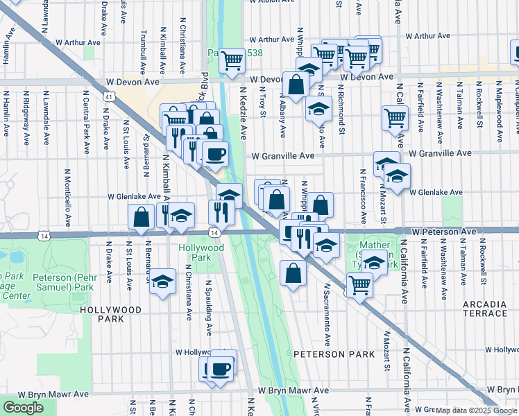 map of restaurants, bars, coffee shops, grocery stores, and more near in Chicago