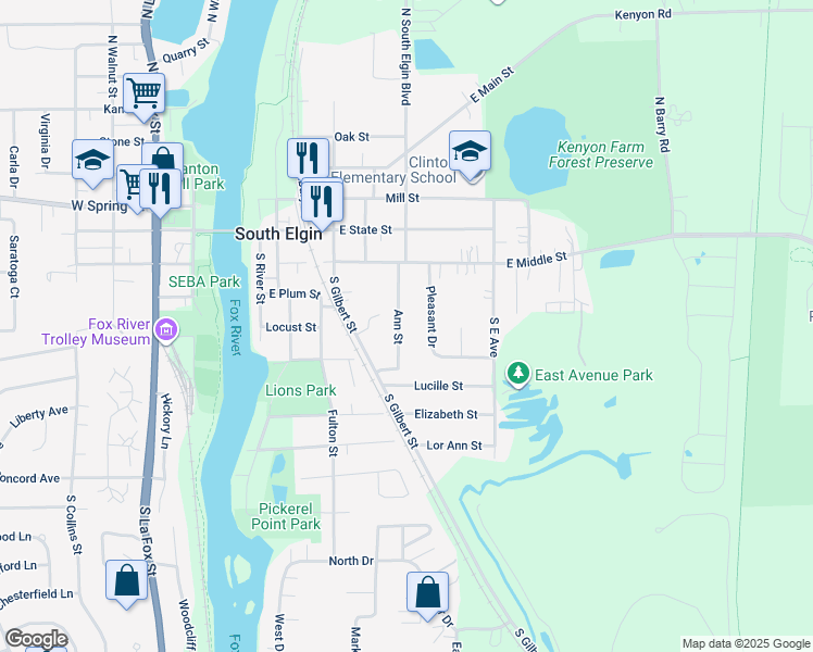 map of restaurants, bars, coffee shops, grocery stores, and more near 369 Ann Street in South Elgin