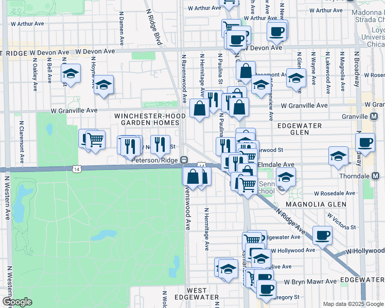 map of restaurants, bars, coffee shops, grocery stores, and more near 1810 West Peterson Avenue in Chicago