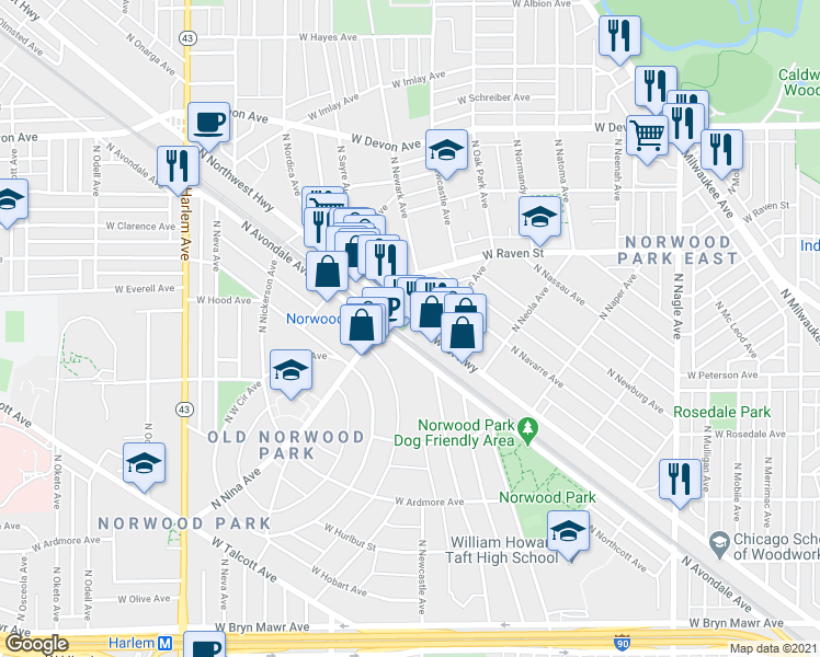 map of restaurants, bars, coffee shops, grocery stores, and more near 6060 North Northwest Highway in Chicago