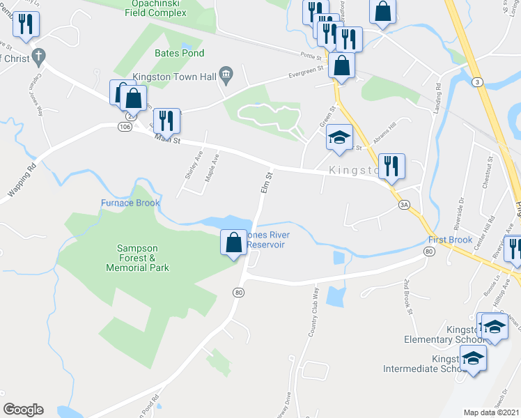 map of restaurants, bars, coffee shops, grocery stores, and more near 32 Elm Street in Kingston