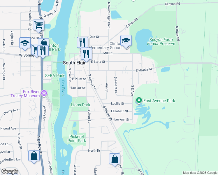 map of restaurants, bars, coffee shops, grocery stores, and more near 303 Ann Street in South Elgin