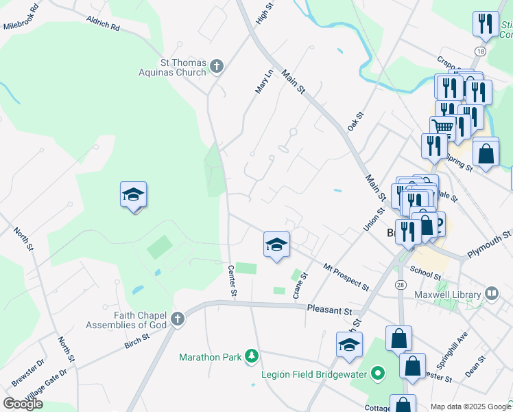 map of restaurants, bars, coffee shops, grocery stores, and more near 245 Mount Prospect Street in Bridgewater
