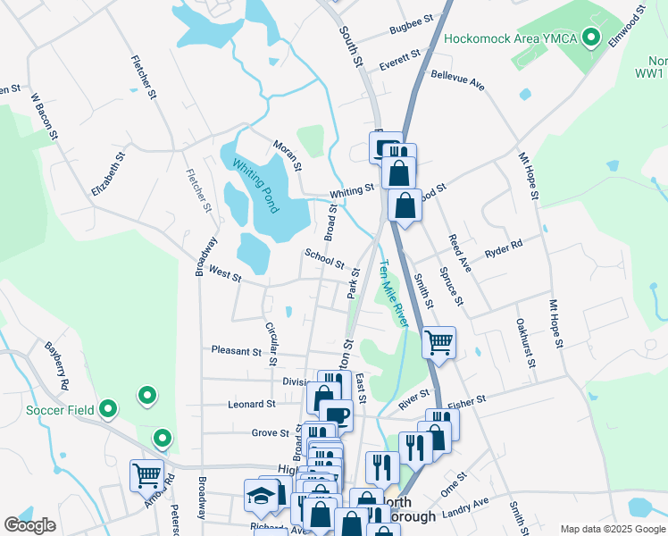 map of restaurants, bars, coffee shops, grocery stores, and more near 192 Broad Street in North Attleborough