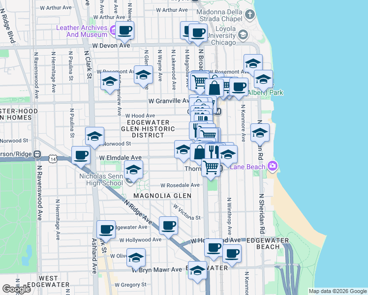 map of restaurants, bars, coffee shops, grocery stores, and more near 1228 West Elmdale Avenue in Chicago