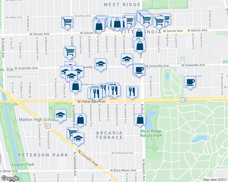 map of restaurants, bars, coffee shops, grocery stores, and more near 2515 U.S. 14 in Chicago