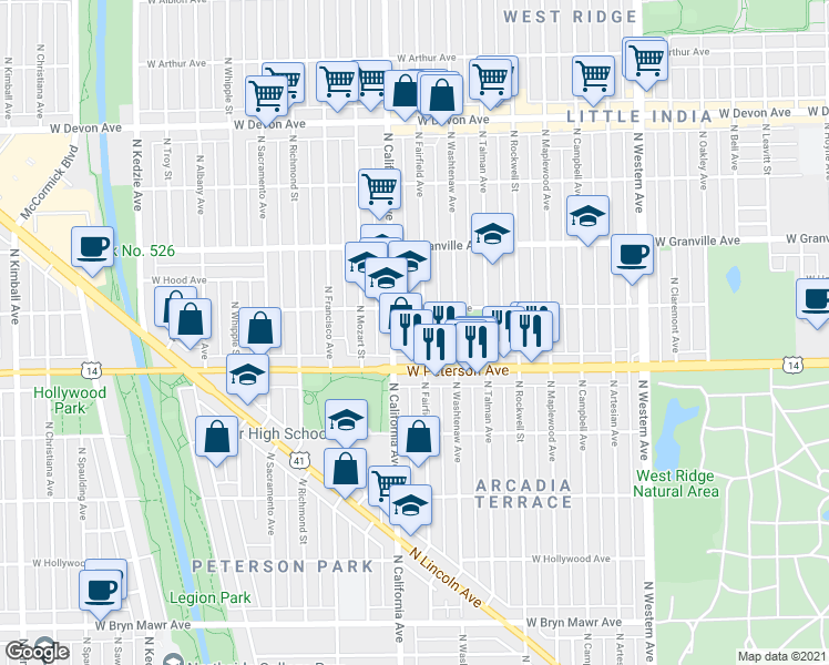 map of restaurants, bars, coffee shops, grocery stores, and more near in Chicago